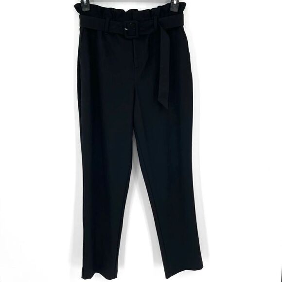 Danielle Bernstein Black Pleated Belted Paperbag Waist Straight Leg Pants Small - Picture 1 of 10